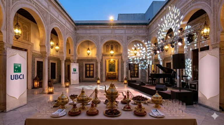 Événementiel entreprise Tunis - Soirée UBCI à Dar El Jeld, patio de luxe sans personnes.